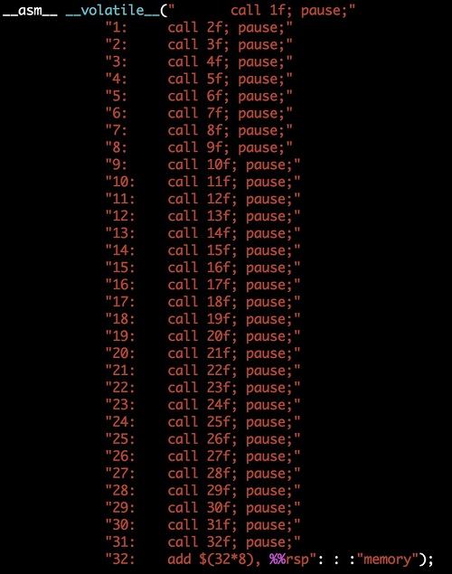 RSB Padding。32个虚假call来清空RSB