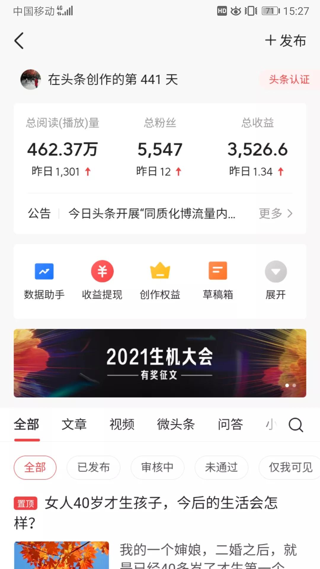 在头条创作441天,总收益3526.6元,昨天的收益却不到1块五毛钱
