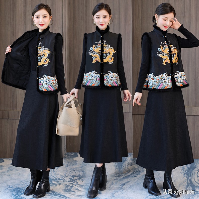 复古民族风女装批发(这几款香云纱复古印花棉服+毛呢裙)(4)