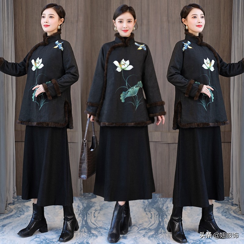 复古民族风女装批发(这几款香云纱复古印花棉服+毛呢裙)(7)